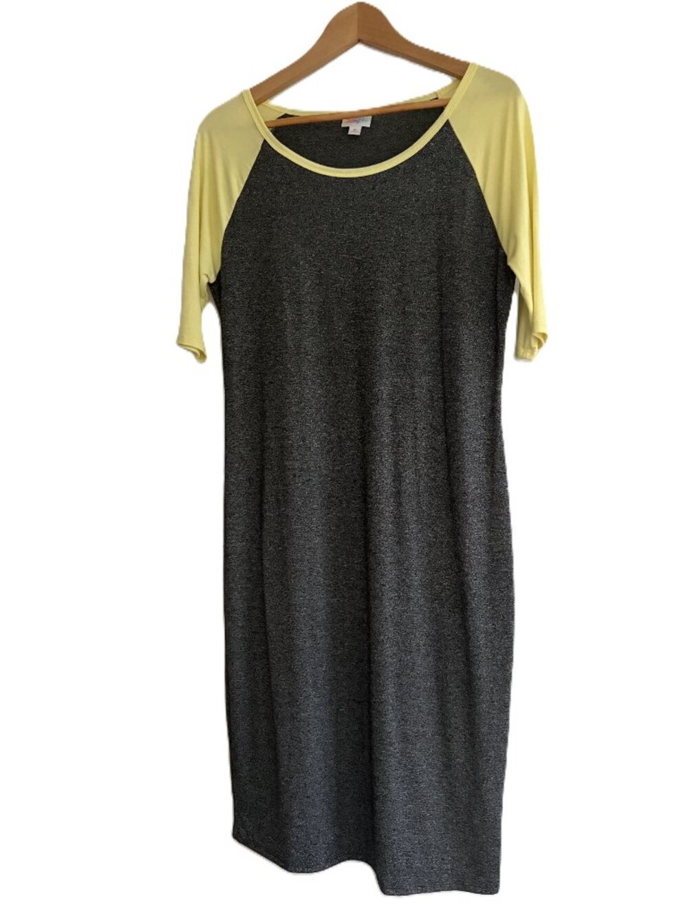LuLaRoe Julia Dress Women’s Medium Gray with Yellow Sleeve Stretch
